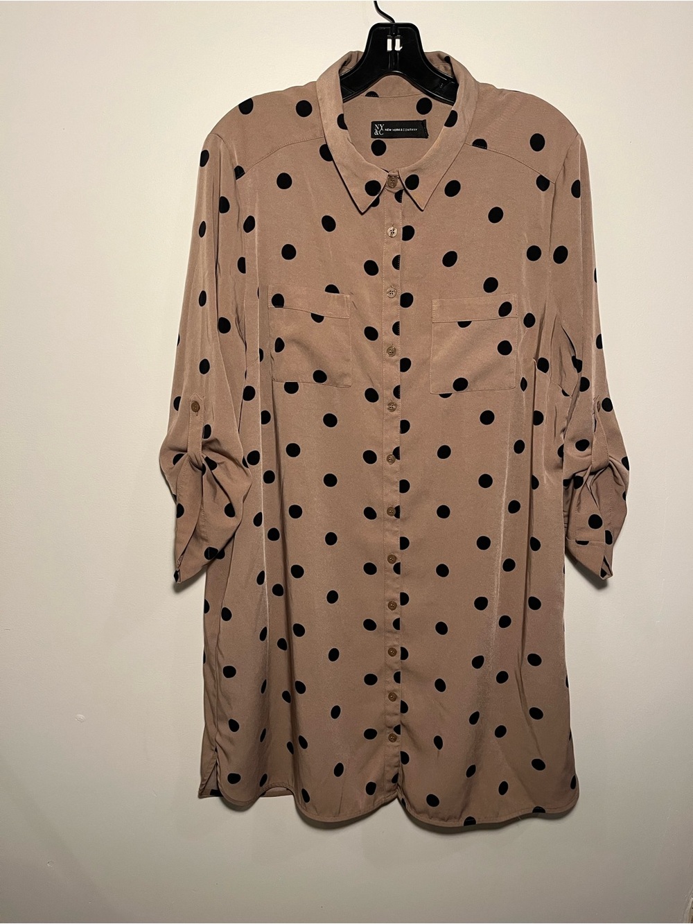 New York & Company Taupe Polka Dot Button-Up Shirt Dress